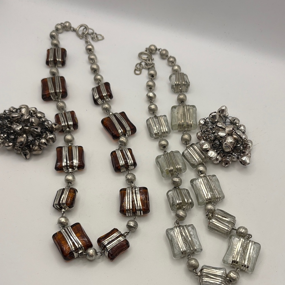 Elegant Silver and Brown Beaded Necklace Set with 2 jingle bracelets